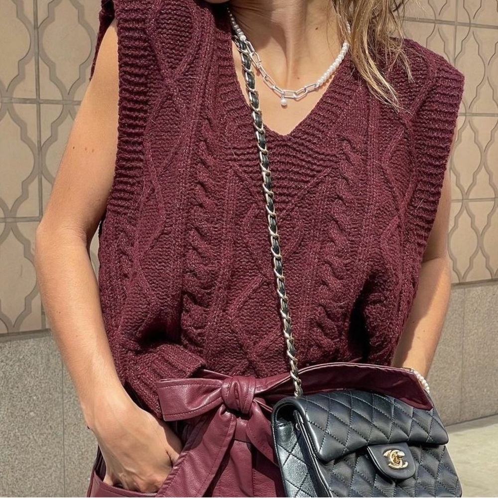 Girl Crush Gang Cable Knit Sleeveless V-Neck Sweater Vest Burgundy/RedWine Small